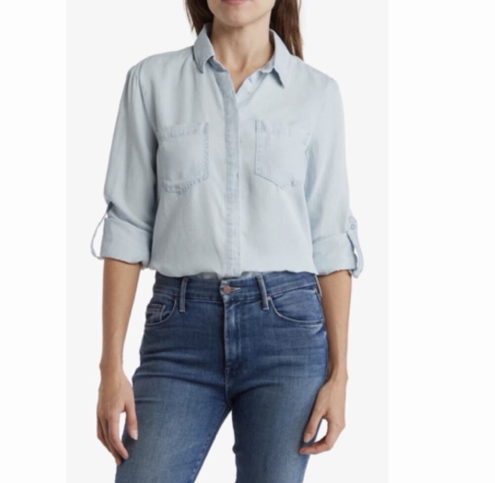 FOR THE REPUBLIC Women's Roll-Tab Sleeve Tencel® Button-Up Shirt Size Small